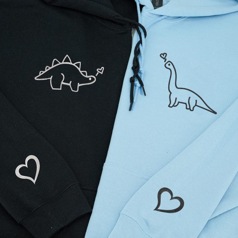 Embroidered Dinosaur Couple Hoodies: Personalized Matching Sweatshirts