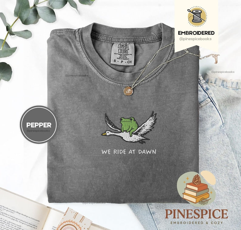 We Ride at Dawn T-Shirt, Funny Frog and Goose Tee, Embroidered Comfort Colors 1717, Chaotic Animal Shirt, Whimsical Gamer Gift