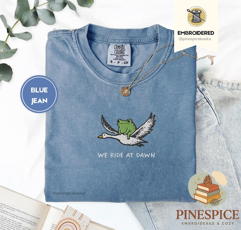 We Ride at Dawn T-Shirt, Funny Frog and Goose Tee, Embroidered Comfort Colors 1717, Chaotic Animal Shirt, Whimsical Gamer Gift