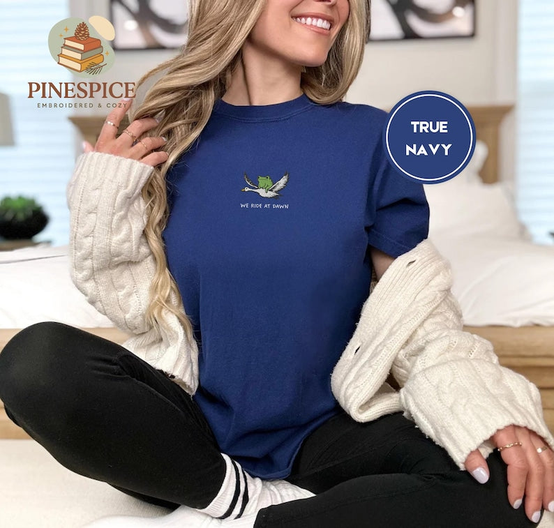 We Ride at Dawn T-Shirt, Funny Frog and Goose Tee, Embroidered Comfort Colors 1717, Chaotic Animal Shirt, Whimsical Gamer Gift