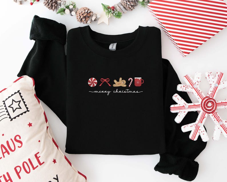 Merry Christmas Embroidered Shirt, Embroidery Christmas Symbols Shirt, Snowman Xmas Gift, Holiday Season Christmas