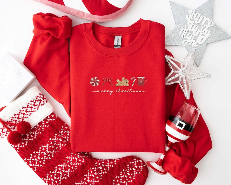 Merry Christmas Embroidered Shirt, Embroidery Christmas Symbols Shirt, Snowman Xmas Gift, Holiday Season Christmas