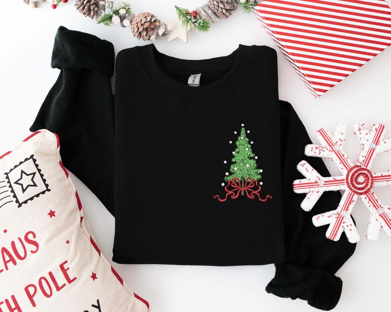 Embroidered Christmas Tree Sweatshirt, Embroidered Tee, Christmas T-Shirt, Christmas Season, Winter Trees, Embroidered Clothes, Winter Gift