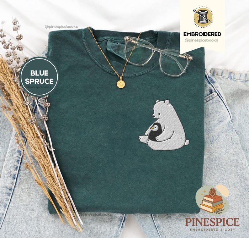 Polar Bear and Penguin Shirt, Cute Embroidered Winter Tee, Comfort Colors 1717, Cozy Holiday Gift, Whimsical Animal Shirt, Winter T-Shirt