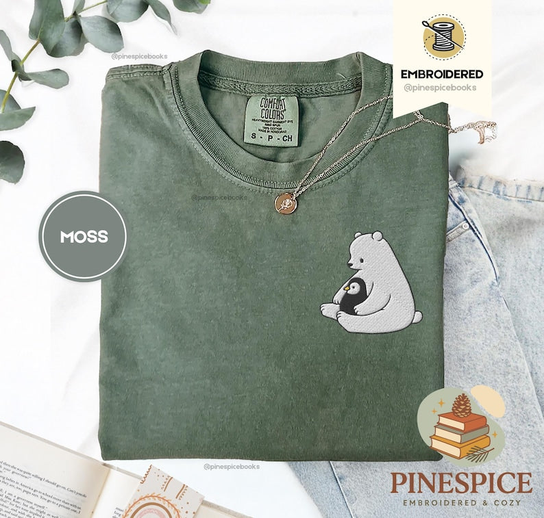 Polar Bear and Penguin Shirt, Cute Embroidered Winter Tee, Comfort Colors 1717, Cozy Holiday Gift, Whimsical Animal Shirt, Winter T-Shirt