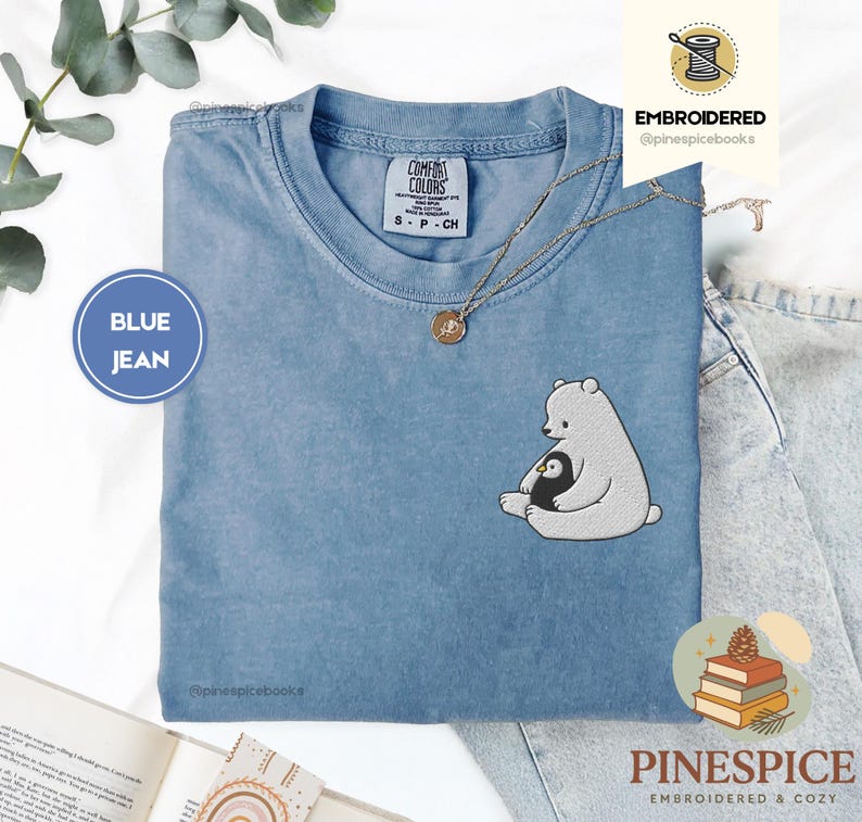 Polar Bear and Penguin Shirt, Cute Embroidered Winter Tee, Comfort Colors 1717, Cozy Holiday Gift, Whimsical Animal Shirt, Winter T-Shirt