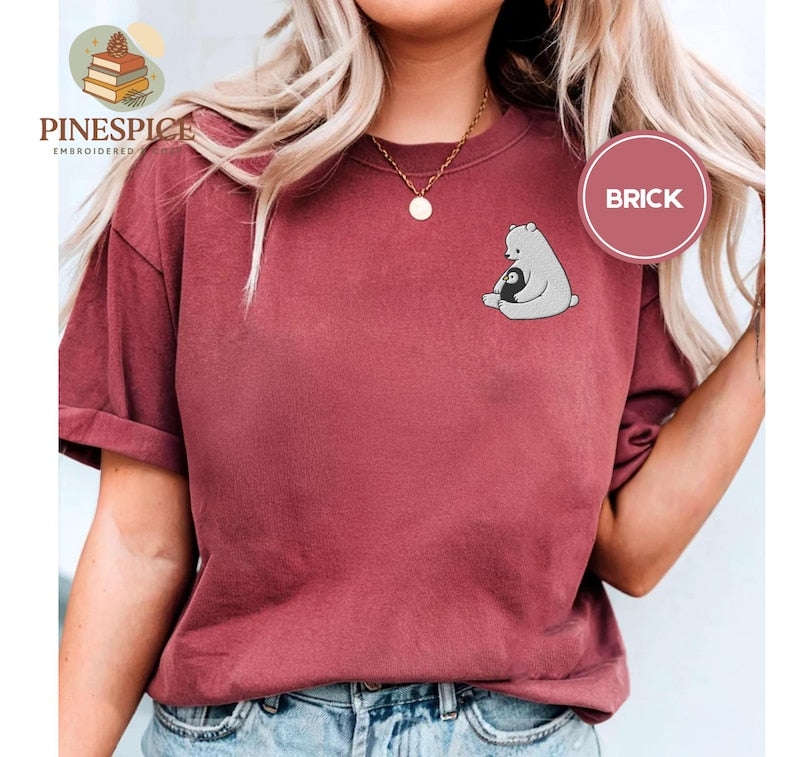 Polar Bear and Penguin Shirt, Cute Embroidered Winter Tee, Comfort Colors 1717, Cozy Holiday Gift, Whimsical Animal Shirt, Winter T-Shirt