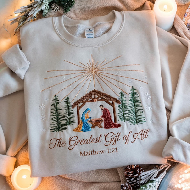 Embroidered Nativity Sweatshirt: Christian Christmas Sweater