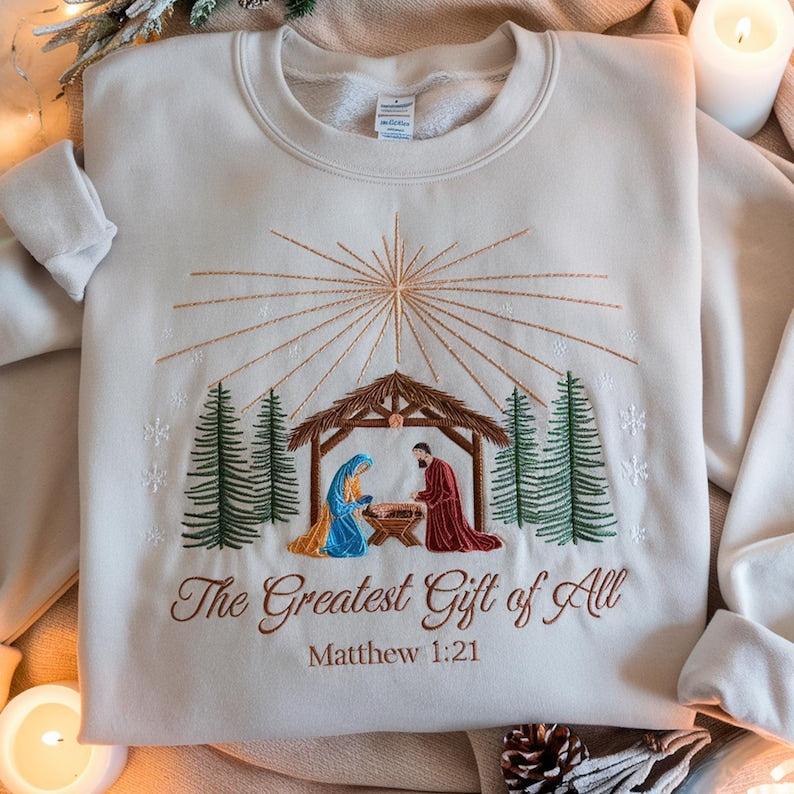 Embroidered Nativity Sweatshirt: Christian Christmas Sweater