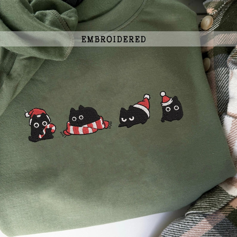 Embroidered Cat Christmas Sweatshirt, Funny Holiday Hoodie, Merry Christmas Gift, Winter Cat Lover Apparel, Cat Lovers T-shirt