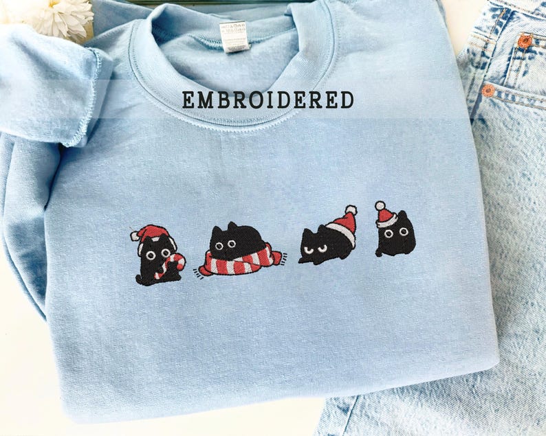Embroidered Cat Christmas Sweatshirt, Funny Holiday Hoodie, Merry Christmas Gift, Winter Cat Lover Apparel, Cat Lovers T-shirt