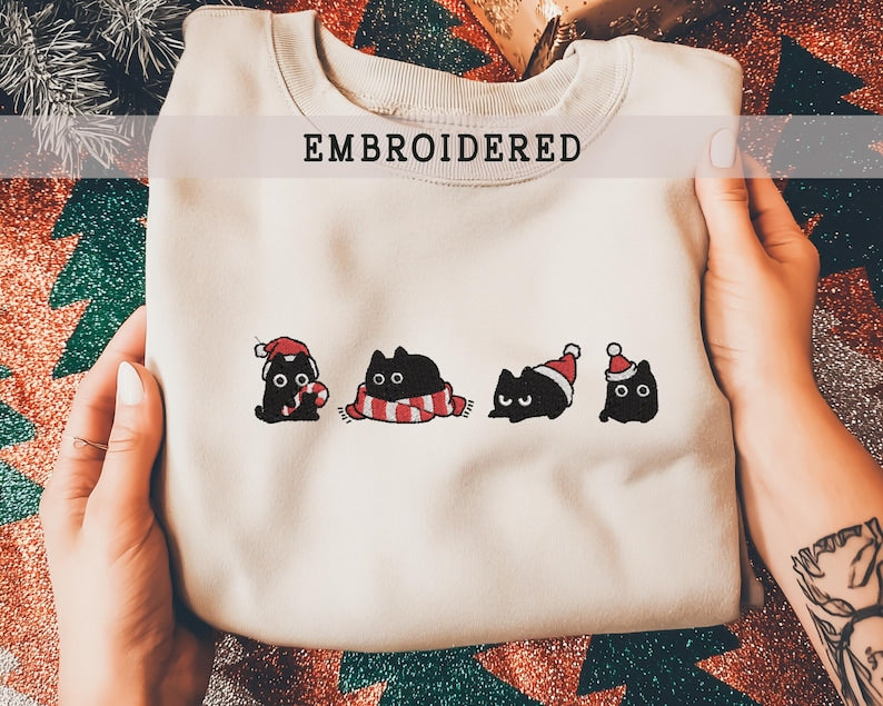 Embroidered Cat Christmas Sweatshirt, Funny Holiday Hoodie, Merry Christmas Gift, Winter Cat Lover Apparel, Cat Lovers T-shirt