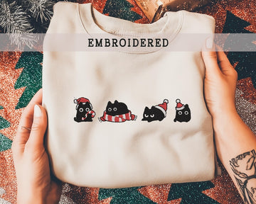 Embroidered Cat Christmas Sweatshirt, Funny Holiday Hoodie, Merry Christmas Gift, Winter Cat Lover Apparel, Cat Lovers T-shirt