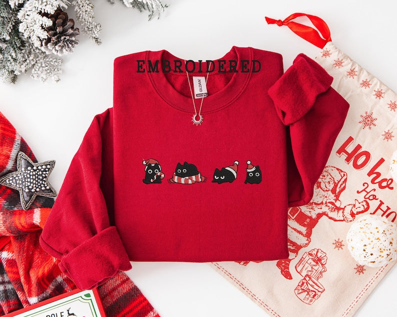 Embroidered Cat Christmas Sweatshirt, Funny Holiday Hoodie, Merry Christmas Gift, Winter Cat Lover Apparel, Cat Lovers T-shirt