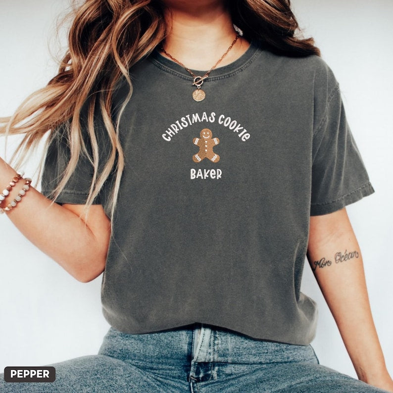 EMBROIDERED Christmas Cookie Baker Comfort Colors® Shirt, Christmas Gingerbread Cookie T-Shirt, Embroidery Christmas Tee, Xmas Holiday Gift