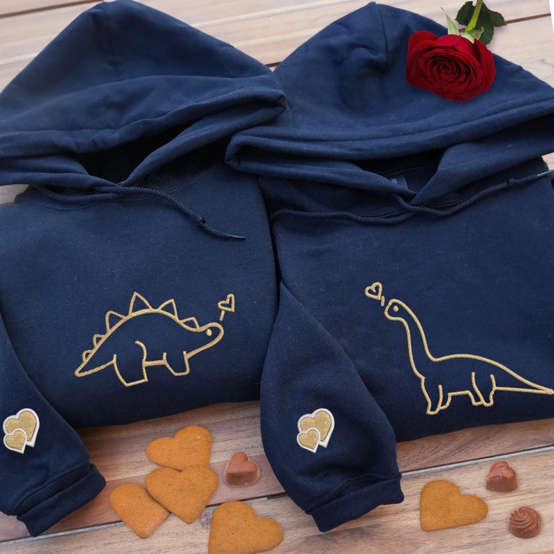 Embroidered Dinosaur Couple Hoodies: Personalized Matching Sweatshirts