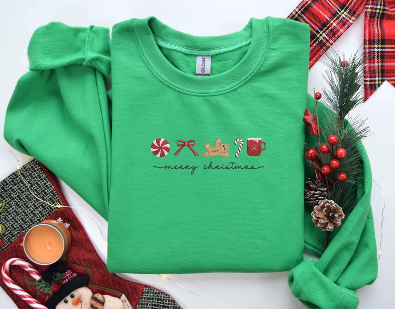 Merry Christmas Embroidered Shirt, Embroidery Christmas Symbols Shirt, Snowman Xmas Gift, Holiday Season Christmas