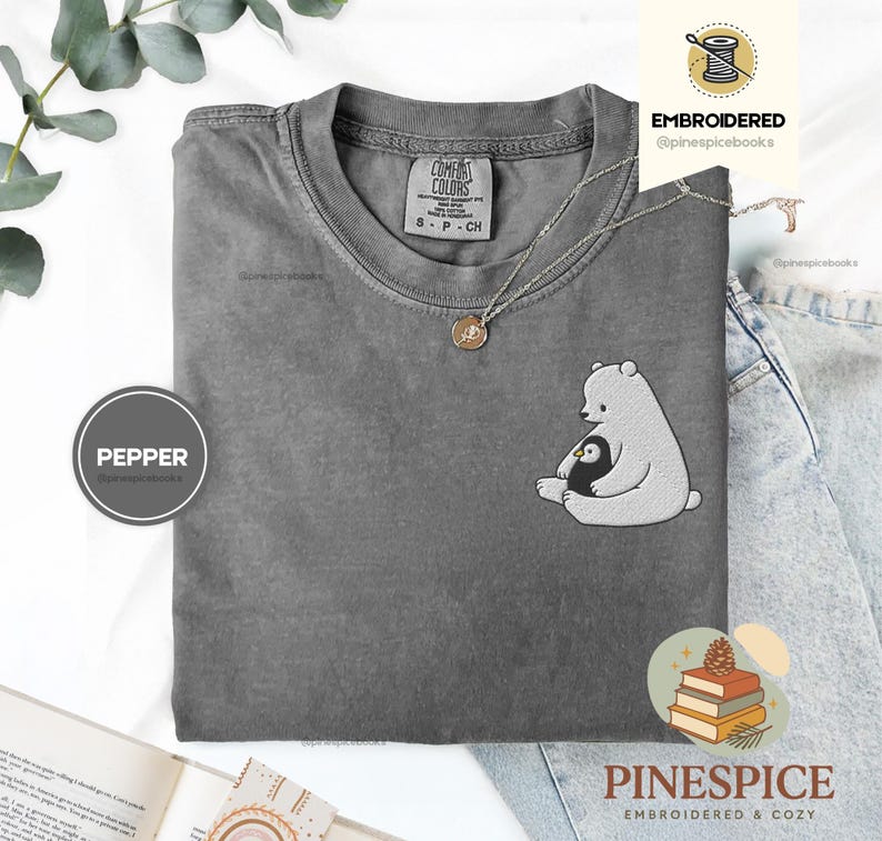 Polar Bear and Penguin Shirt, Cute Embroidered Winter Tee, Comfort Colors 1717, Cozy Holiday Gift, Whimsical Animal Shirt, Winter T-Shirt