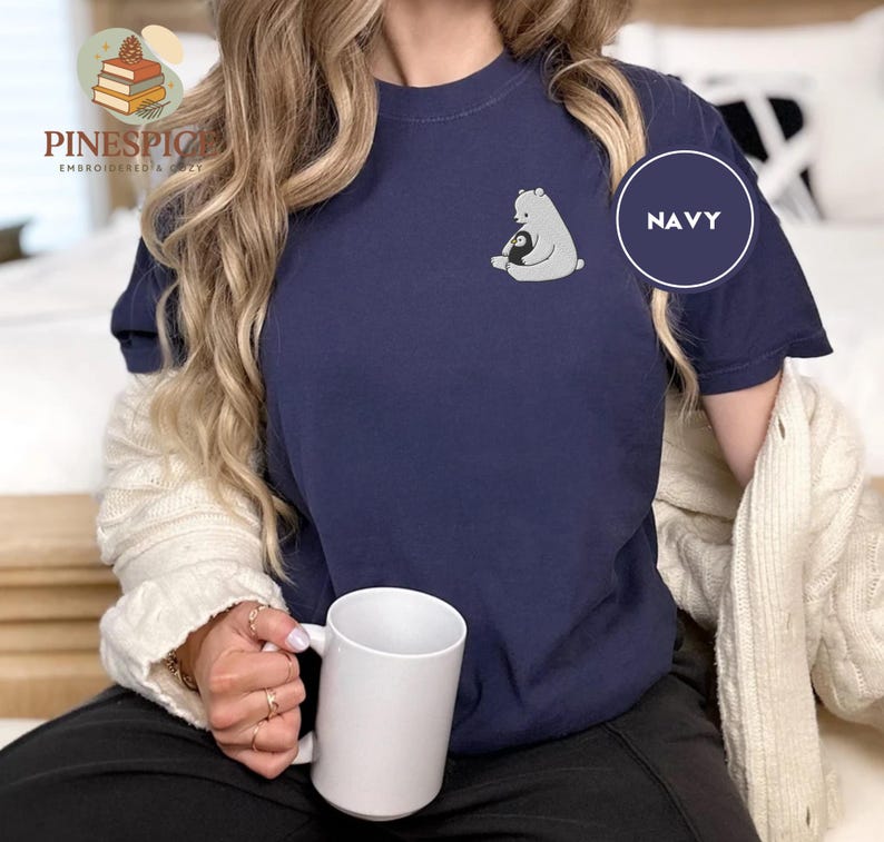 Polar Bear and Penguin Shirt, Cute Embroidered Winter Tee, Comfort Colors 1717, Cozy Holiday Gift, Whimsical Animal Shirt, Winter T-Shirt