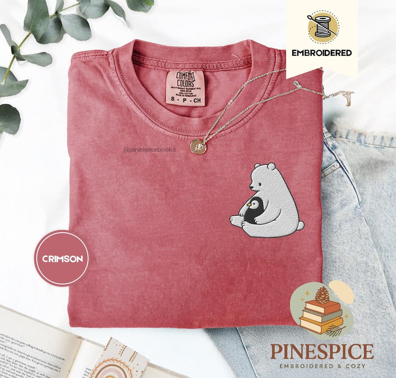 Polar Bear and Penguin Shirt, Cute Embroidered Winter Tee, Comfort Colors 1717, Cozy Holiday Gift, Whimsical Animal Shirt, Winter T-Shirt