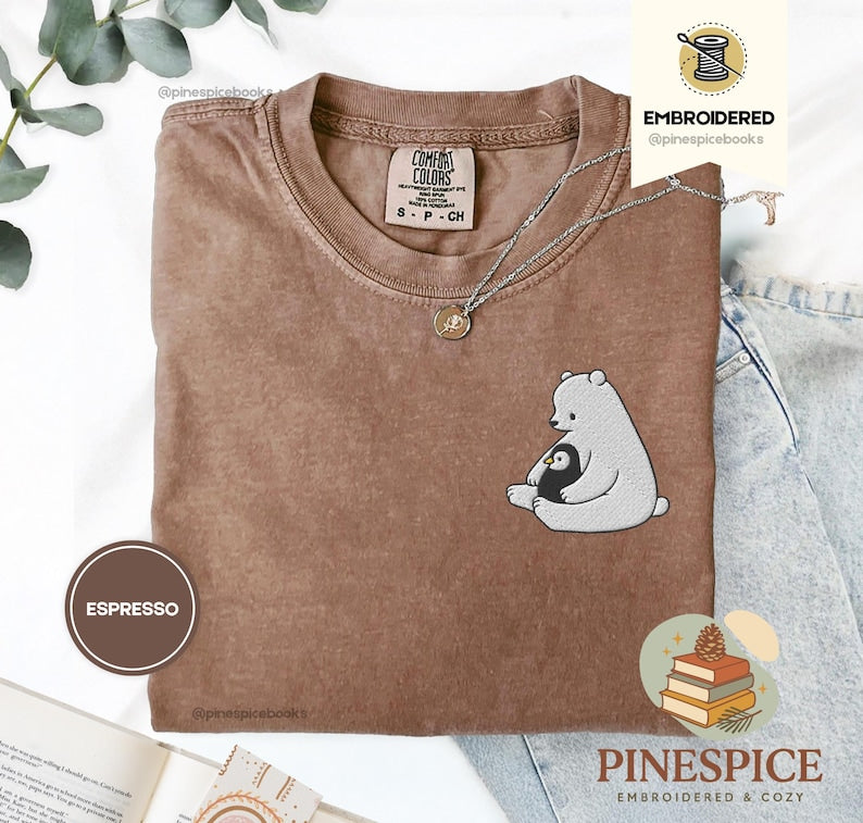 Polar Bear and Penguin Shirt, Cute Embroidered Winter Tee, Comfort Colors 1717, Cozy Holiday Gift, Whimsical Animal Shirt, Winter T-Shirt