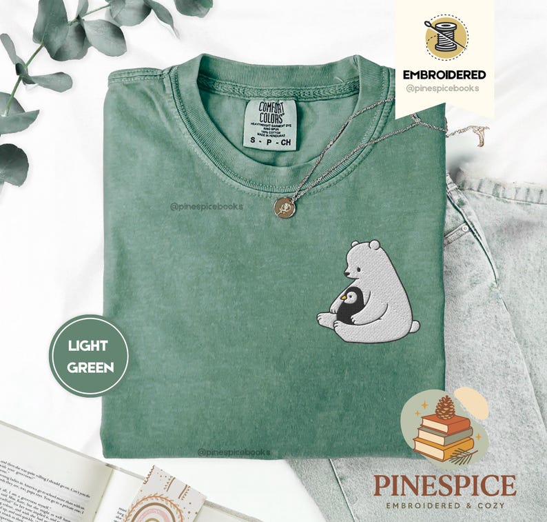 Polar Bear and Penguin Shirt, Cute Embroidered Winter Tee, Comfort Colors 1717, Cozy Holiday Gift, Whimsical Animal Shirt, Winter T-Shirt