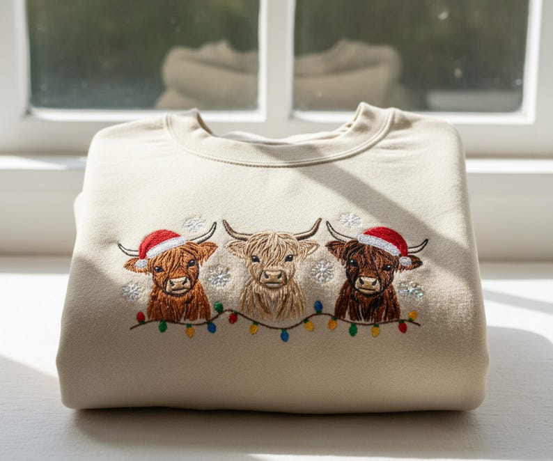 Highland Cow Embroidered Christmas Sweatshirt, Cute Holiday Farm Shirt, Santa Cow Lights Sweater, Cozy Country Christmas Gift