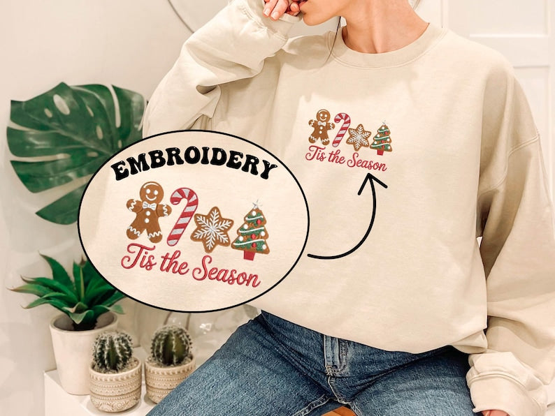 Tis The Season Embroidered Christmas Comfort Colors® Shirt, Holiday Embroidery Sweatshirt, Gingerbread Top, Cozy Xmas Gift for Her or Him