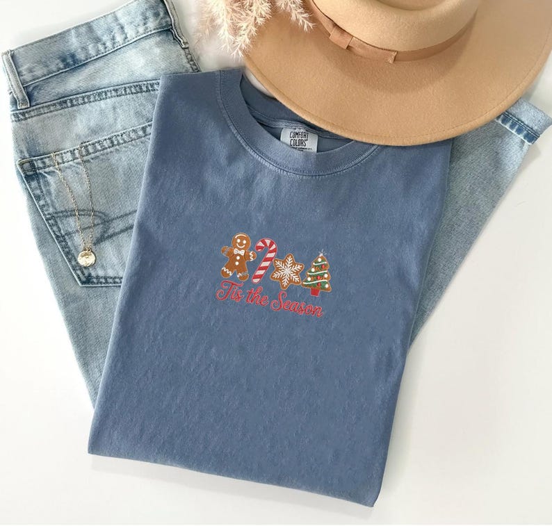 Tis The Season Embroidered Christmas Comfort Colors® Shirt, Holiday Embroidery Sweatshirt, Gingerbread Top, Cozy Xmas Gift for Her or Him