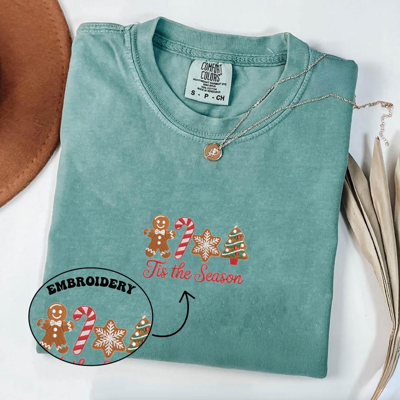 Tis The Season Embroidered Christmas Comfort Colors® Shirt, Holiday Embroidery Sweatshirt, Gingerbread Top, Cozy Xmas Gift for Her or Him