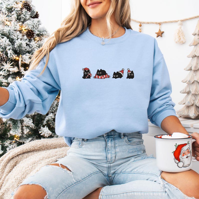 Embroidered Cat Christmas Sweatshirt, Funny Holiday Hoodie, Merry Christmas Gift, Winter Cat Lover Apparel, Cat Lovers T-shirt