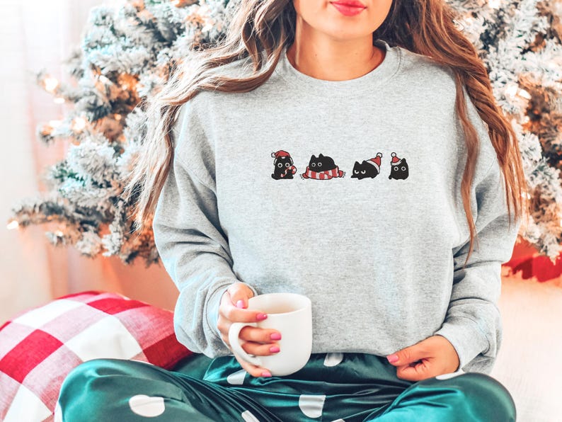 Embroidered Cat Christmas Sweatshirt, Funny Holiday Hoodie, Merry Christmas Gift, Winter Cat Lover Apparel, Cat Lovers T-shirt