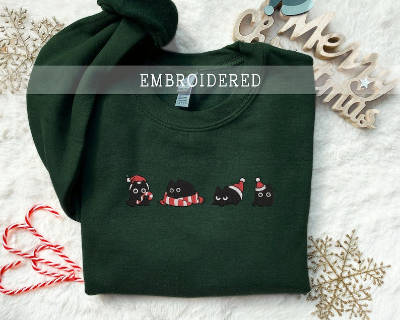 Embroidered Cat Christmas Sweatshirt, Funny Holiday Hoodie, Merry Christmas Gift, Winter Cat Lover Apparel, Cat Lovers T-shirt