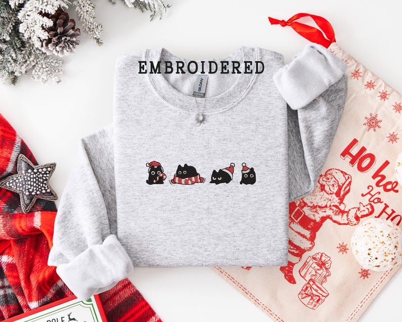 Embroidered Cat Christmas Sweatshirt, Funny Holiday Hoodie, Merry Christmas Gift, Winter Cat Lover Apparel, Cat Lovers T-shirt
