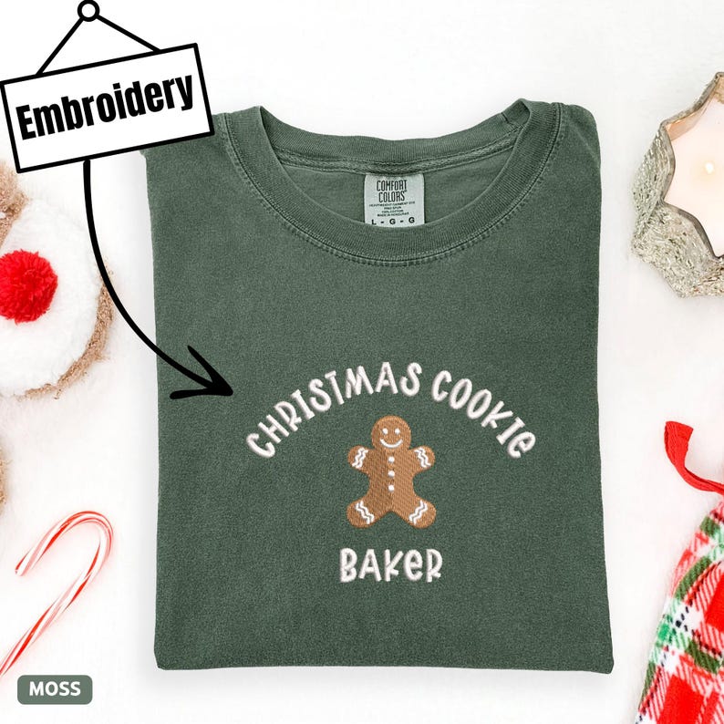 EMBROIDERED Christmas Cookie Baker Comfort Colors® Shirt, Christmas Gingerbread Cookie T-Shirt, Embroidery Christmas Tee, Xmas Holiday Gift