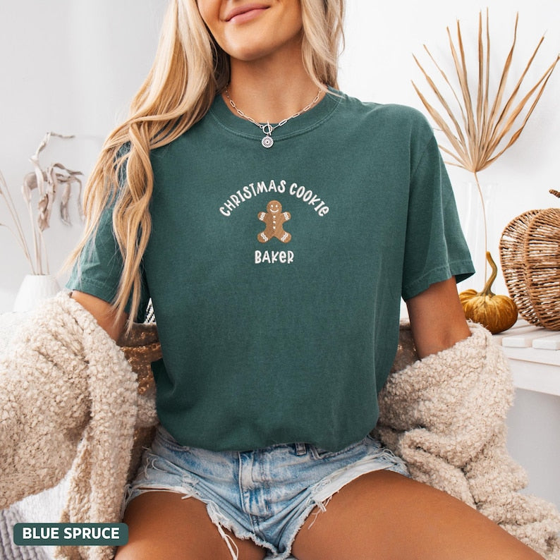EMBROIDERED Christmas Cookie Baker Comfort Colors® Shirt, Christmas Gingerbread Cookie T-Shirt, Embroidery Christmas Tee, Xmas Holiday Gift