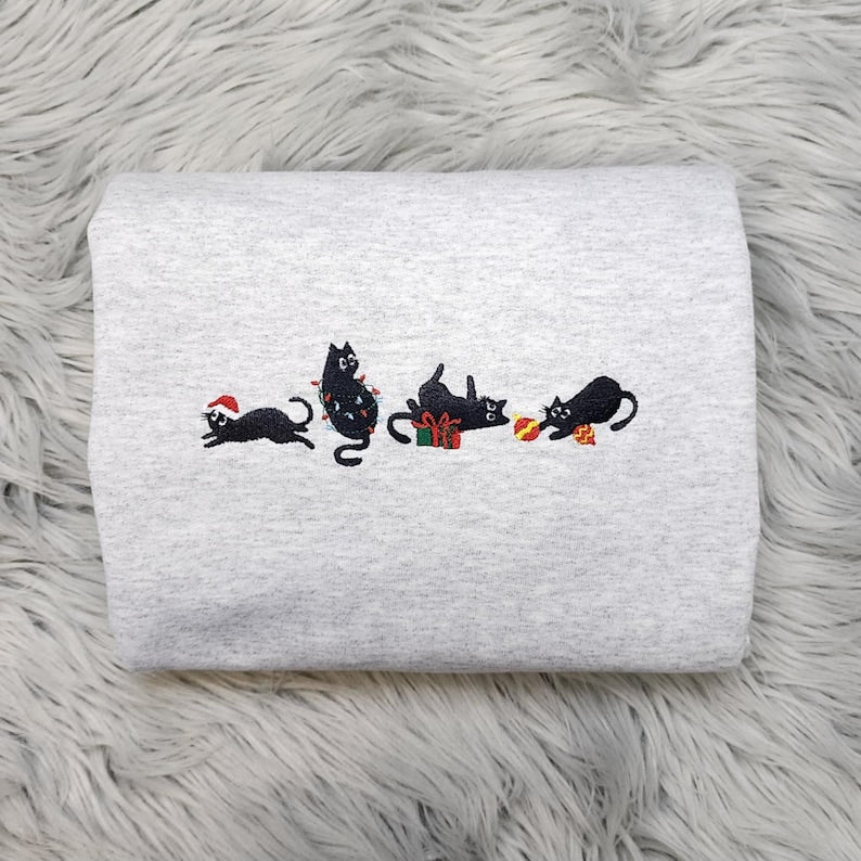 Holiday Cats Embroidered Crewneck, Festive Catmas Kitty Sweater, Christmas Cat