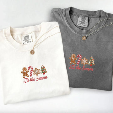 Tis The Season Embroidered Christmas Comfort Colors® Shirt, Holiday Embroidery Sweatshirt, Gingerbread Top, Cozy Xmas Gift for Her or Him