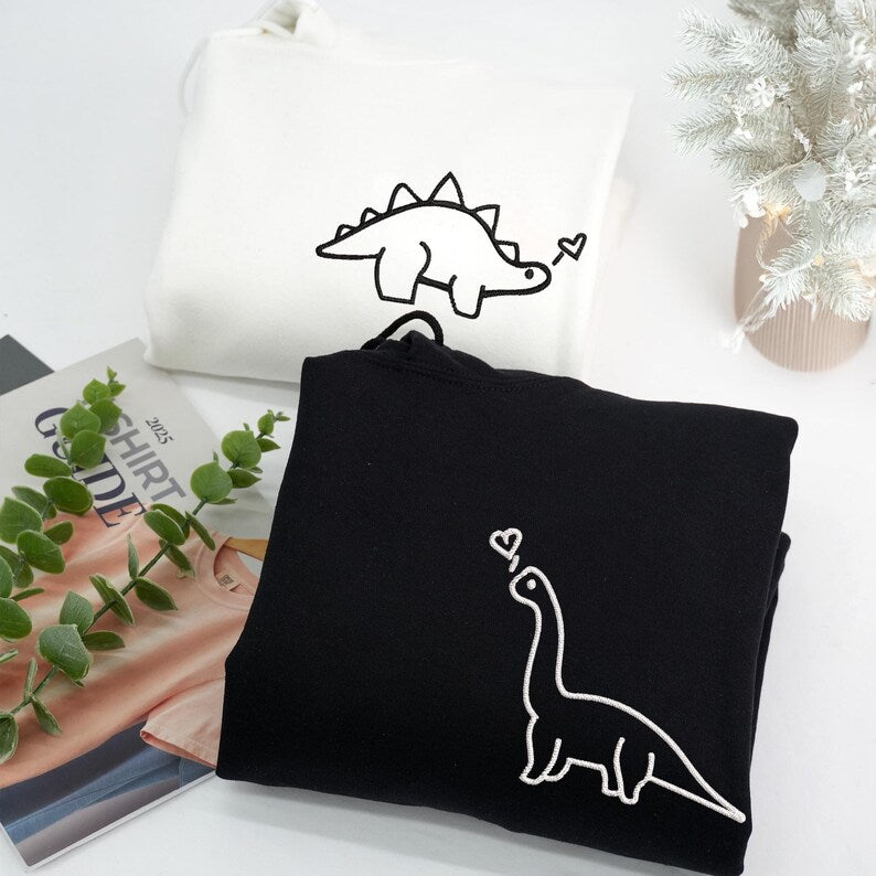 Embroidered Dinosaur Couple Hoodies: Personalized Matching Sweatshirts
