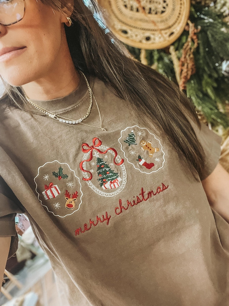 Embroidered Coquette Christmas Comfort Colors Tee: Holiday T-Shirt