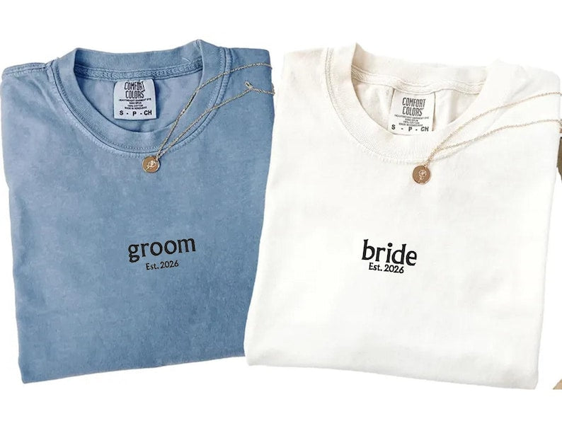 Comfort Colors® Custom Embroidery Bride & Groom EST Shirt,Est Year Wedding Shirt,Matching Bride Groom Tee,Newlywed Outfit,Engagement Gift