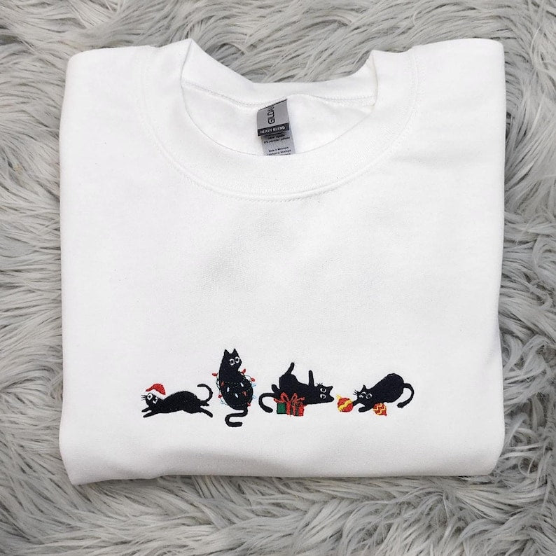 Holiday Cats Embroidered Crewneck, Festive Catmas Kitty Sweater, Christmas Cat