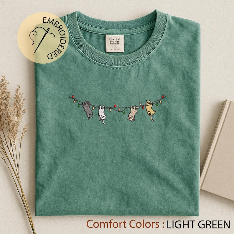 Cats Christmas Embroidered T-shirt - Cute Xmas Comfort Colors Tee - Cat Lover Gift