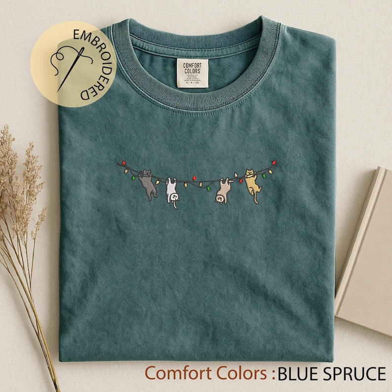 Cats Christmas Embroidered T-shirt - Cute Xmas Comfort Colors Tee - Cat Lover Gift