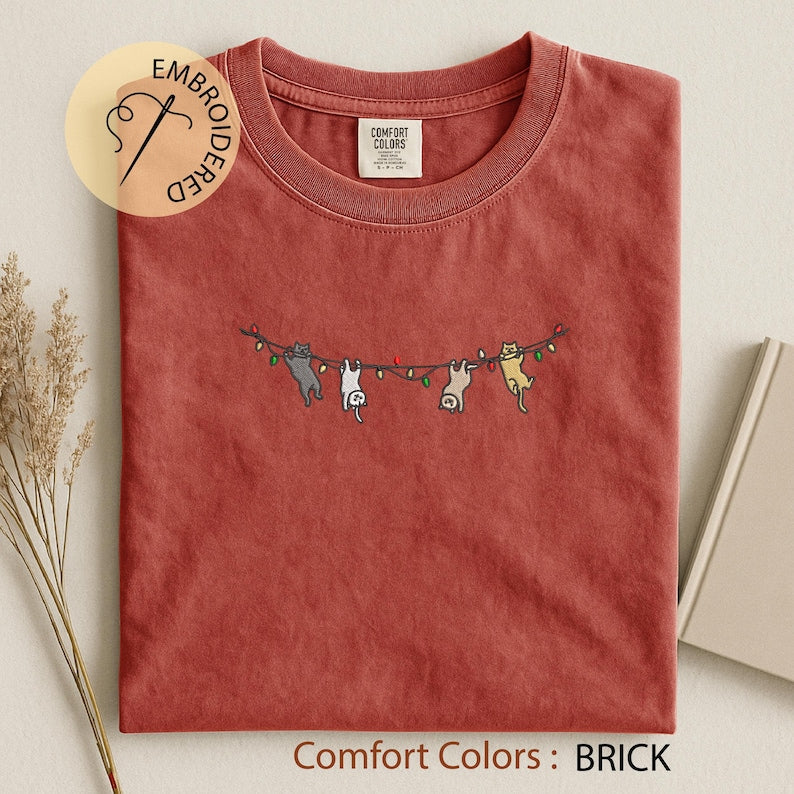 Cats Christmas Embroidered T-shirt - Cute Xmas Comfort Colors Tee - Cat Lover Gift