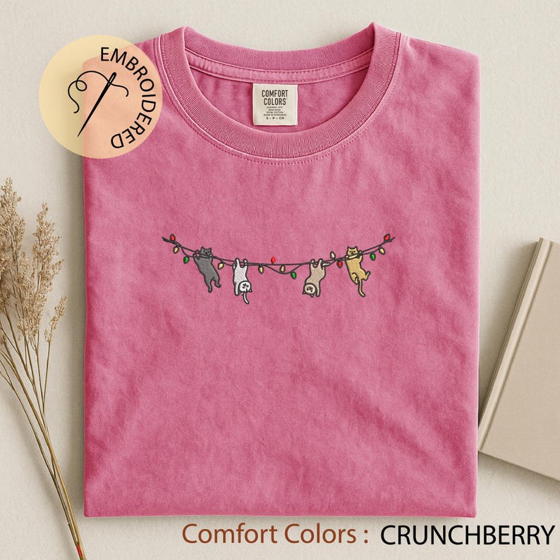 Cats Christmas Embroidered T-shirt - Cute Xmas Comfort Colors Tee - Cat Lover Gift