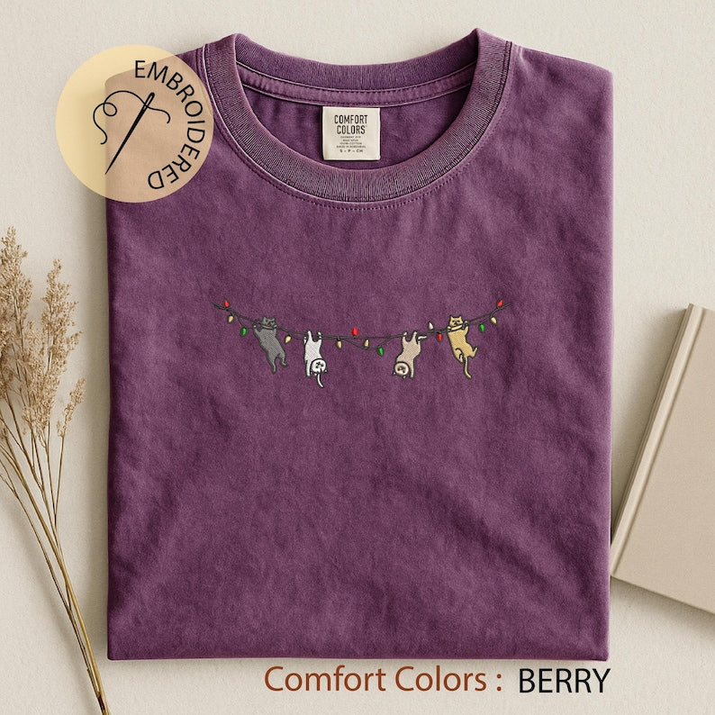 Cats Christmas Embroidered T-shirt - Cute Xmas Comfort Colors Tee - Cat Lover Gift