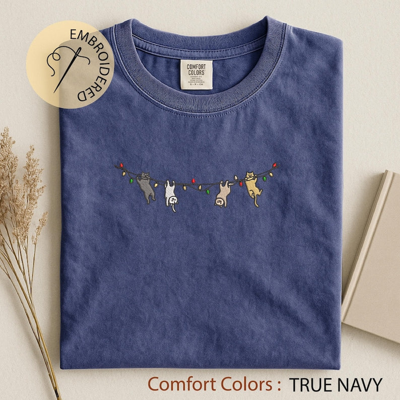 Cats Christmas Embroidered T-shirt - Cute Xmas Comfort Colors Tee - Cat Lover Gift