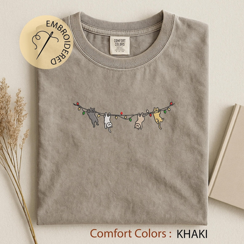 Cats Christmas Embroidered T-shirt - Cute Xmas Comfort Colors Tee - Cat Lover Gift