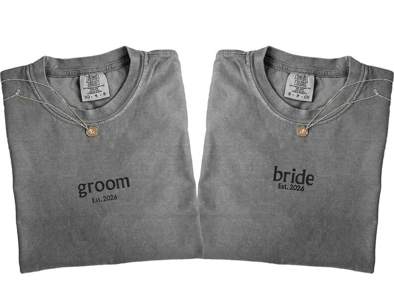 Comfort Colors® Custom Embroidery Bride & Groom EST Shirt,Est Year Wedding Shirt,Matching Bride Groom Tee,Newlywed Outfit,Engagement Gift